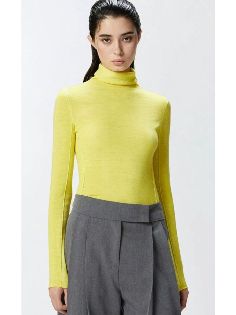 Pinko Sacro Yellow High Neck Wool Silk Knitwear Lightweight Sweater Size S NWT